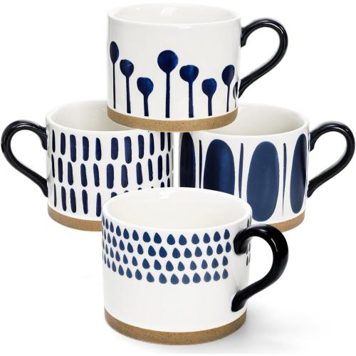 SOUJOY Set of 4 Large Ceramic Coffee Mugs, 15 Oz Hand Painted Coffee Cups with Handles, Vintage Glazed Porcelain Soup Mugs for Tea, Hot or Cold Drinks, Best Gifts for Birthday, Thanksgiving, Christmas