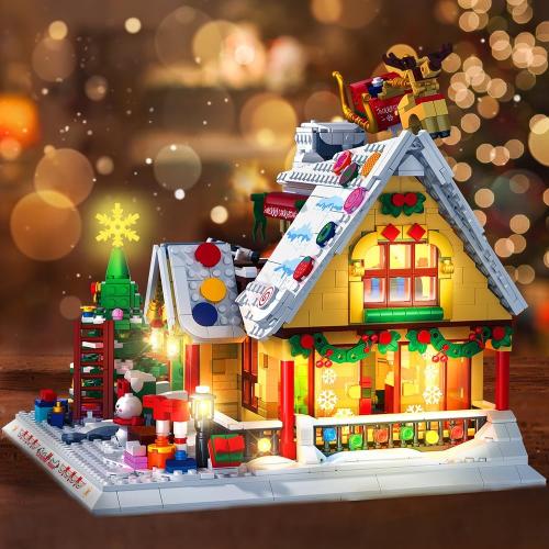 2024 Christmas Gingerbread House Mini Building Set with LED Light, 1834 PCS Winter Village Building Block Toy with Christmas Tree, Holiday Cabin Building Kit Xmas Gift for Adults Teens Kids 8