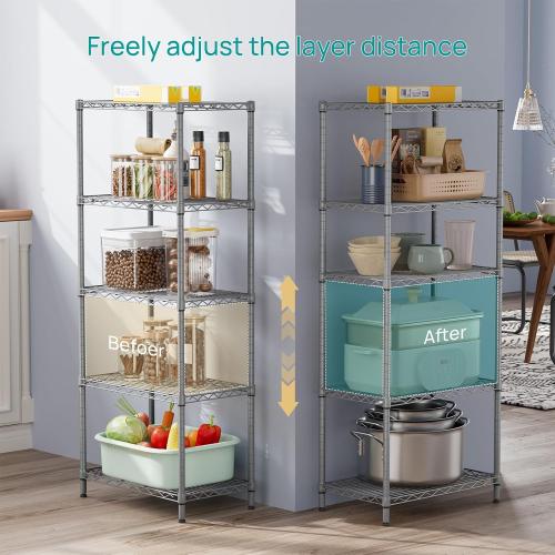SINGAYE 5 Metal Shelves Wire Shelving Storage Shelf Adjustable Unit Pantry | 5 Tier Kitchen Laundry Room Organization Home Pantry Closet Bathroom Organizers Garage Rack 14 D x 24 W x 59.5 H Gray