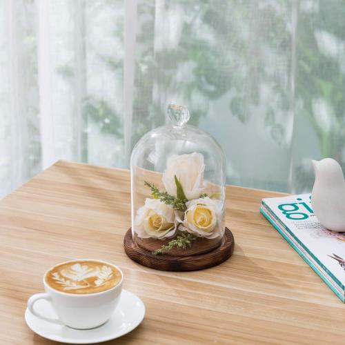 MyGift 6 Inch Small Clear Glass Cloche Bell Jar Display Case with Heart Top Handle and Dark Brown Wooden Base (5.6 x 7.6)