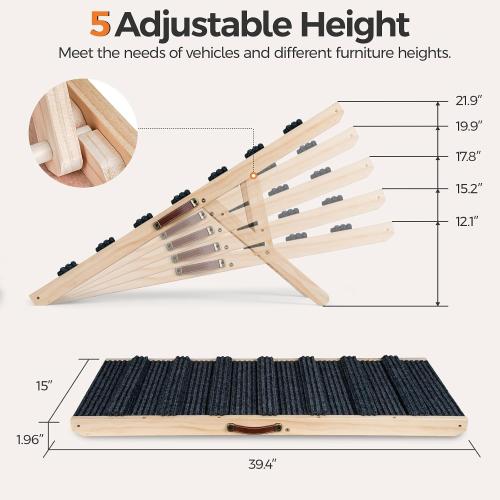 Ciconira Wooden Adjustable Dog Ramp, 39'' Long Portable Pet Stair Ramp with Non-Slip Rug Surface, 5 Adjustable Heights, 16 Extra Wide Folding Dog Car Ramps for SUV, Bed, Couch, Hold up to 165 lbs