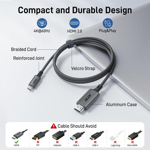 Acer USB C to HDMI Cable for Home Office 6.6FT (4K@60Hz) for Laptop