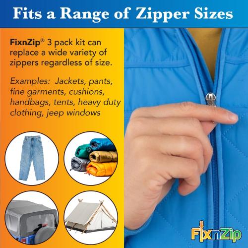 FixnZip (Black Nickel 3 Pack S,M,L) - Universal Zipper Repair Kit for Jackets, Luggage, Bags - Backpack Zipper Replacement Repair Kit - Instant Zipper Fix