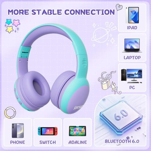 gorsun Kids Bluetooth Headphones, Over-Ear Toddler Headphones with Microphone, 85dB/94dB Volume Limited, 68H Playtime, Bluetooth 6.0, Portable Kids Wireless Headset with Cat Ears (Purple)
