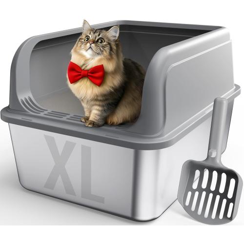 Powools Stainless Steel Cat Litter Box, High-Sided, Grey, XL (1 Pack) | Metal Litter Box with Scoop, Anti-Leakage Top Entry, Non-Sticky, Easy to Clean, 6-Inch Splash-Proof Deep Pan