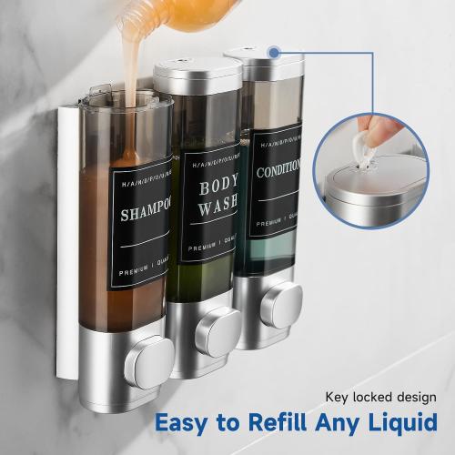 Shampoo and Conditioner Dispenser,Shower Dispenser 3 Chamber No Drill Wall-Mounted Shampoo Dispenser for Shower Wall Mounted Body Wash Dispenser for Bathroom Hotel Kitchen Large Capacity,Silver1