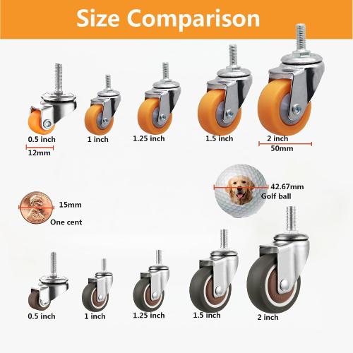 1 M6x15 Stem Casters Bolt Threaded Wheels,TPR Mute Rubber Swivel Single Caster Screws in Wheel Small with 2 Brake Locks-Orange