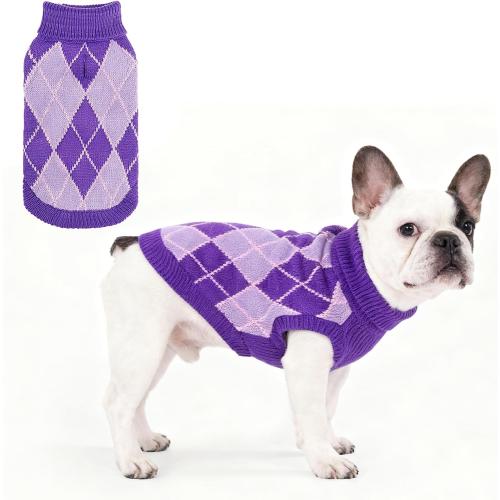 KOOLTAIL Dog Sweater, Knit Turtleneck Cold Weather Dog Sweaters for Small Medium Large Dogs,Soft Diamond Plaid Pullover Knitwear Pet Winter Warm Clothes,Pet Coat Puppy Sweater for Girls Boys,Purple L