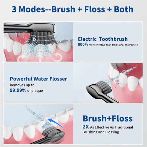 Electric Toothbrush with Water Flosser,Professional Flossing Toothbrush Combo for Teeth Cleaning Plaque Removal with 4 Replacement Heads, 3 Brush Modes & 5 Floss Speeds,Black