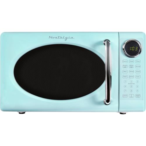 Color Blue Nostalgia Retro Microwave Oven - 0.7 Cu Ft, 700-Watt Countertop Size with Glass Turntable, Child Safety Lock, 8 Auto-Cook Programs, Digital Clock - Aqua