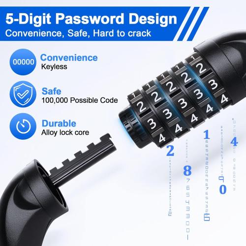 NDakter Bike Lock, 5 Digit Combination Heavy Duty Anti Theft Bicycle Chain Lock, 2.62/3.2/4.27/5/6Ft Long, High Security Resettable, Suitable for Bike, Scooter, Door, Gate, Fence-4/6mm Thick