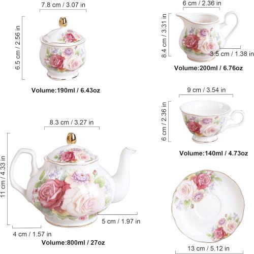 fanquare European Porcelain Coffee Set, Pink Women Tea Set, Bone China Tea Set, Vintage Floral Coffee Tea Pot with Cups