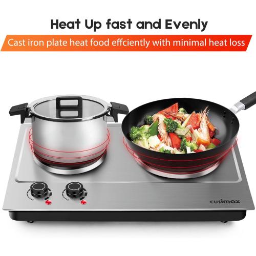 CUSIMAX 1800W Double Hot Plate, Stainless Steel Silver Countertop Burner Portable Electric Double Burners Electric Cast Iron Hot Plates Cooktop, Easy to Clean, Upgraded Version C180N