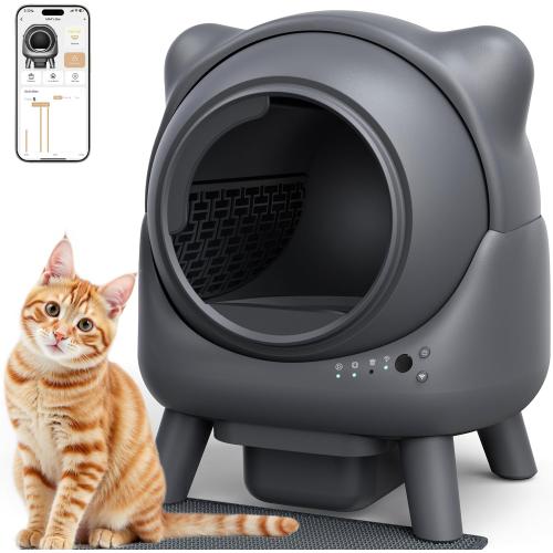 Grey Self Cleaning Litter Box, Automatic Litter Box, FEELNEEDY Odor Control Robot, Cat Ears Design, 65L APP Real-Time Monitor, Cat Litter-Boxs for Multiple Cats, Safety Sensors, with 1 Trash Bag