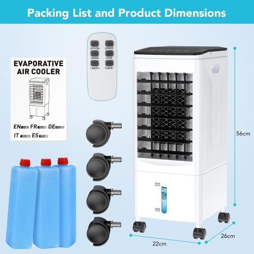 Evaporative Air Cooler, 3-in-1 Portable AC Cooling Fan 3 Modes 3-Speed with Remote, 3 Ice Boxes, No Window Needed Air Conditioners with 6L Tank for 20H Cooling, for Home, Bedroom, Kitchen, Living Room