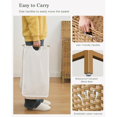 SETVSON Laundry Hamper with Lid 132 L, (35 Gallons) Clothes Hamper with Lid, Handwoven Rattan Laundry Hamper with Metal Heightened Feet, Laundry Hampers with 3 Removable Liner Bags for Laundry-Natural