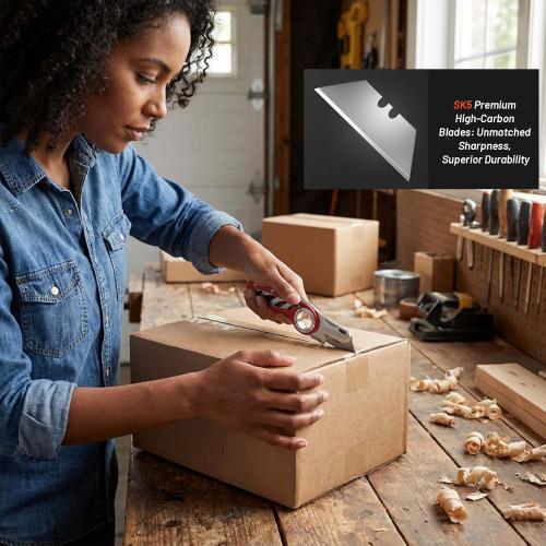 Folding Utility Knife Pocket Knife, Heavy-Duty Box Cutter with Aluminum Body, Quick Change Blades, Anti Slip Finger Loop, Box Cutter for Home, Office, Warehouse, Durable Razor Knife, Box Knife - Red