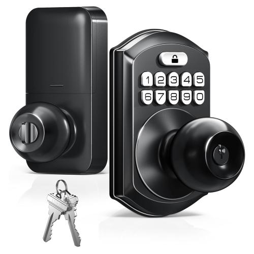 TEEHO TE003 Keyless Entry Keypad Door Lock with Handle, Electronic Digital Smart Locks for Front Door, Smart Door Knob with Code for Bedroom, Auto Lock, Passage Mode, Easy to Install, Matte Black