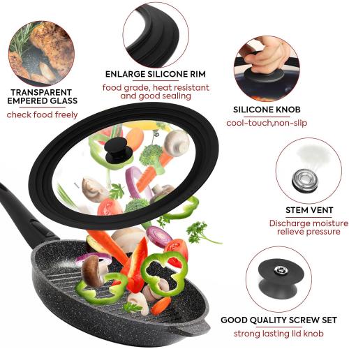 13-14-15in Universal Lid for Pots,Pans,Skillets,Large Replacement Frying Pan Cover,Big Cookware Lids,Tempered Glass with Heat Resistant Silicone Rim,Knob, BPA Free,Dishwasher Safe
