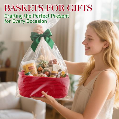 Woven Basket with Gift Bags and Ribbons, 14X 10 X 6 Storage Basket Red | Gift Storage Organizer Basket Bin Shelf Shelves Cotton Rope Basket for Nursery, Pet Toys