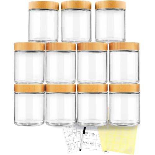 AISIPRIN Spice Jars with Label,12 Pcs 8oz Glass Jars with Bamboo Lids,Spice Organizer for Cabinet,Drawer, Rack, Seasoning Organizer Containers,Including 2 Type Labels