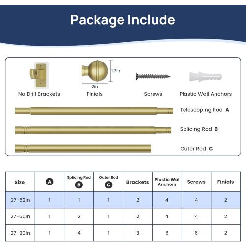 ENJOYBASICS No Drill Curtain Rods for Window 28 to 47 Inches, 5/8 Inch Diameter Renter Friendly Drapery Rod with Adhesive Brackets without Drilling, Adjustable from 27 to 52 Inches, Gold