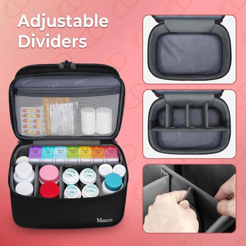Mancro Dual Layers Medicine Organizer Bag, Pill Bottle Organizer Storage with Lockable Zipper, Medication Travel Bag for Pills, Vitamins, Medical Supplies for Home Storage, Black