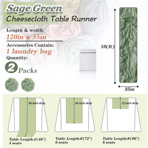 Sage Green Cheesecloth Table Runner 2 Pack 35 Boho Gauze Table Runner 120 inches Long Runner Rustic Sheer Fabric Bulk for Baby Shower Wedding Bridal Birthday Party Table Decorations