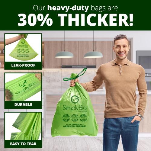 Simply Bio 13 Gallon Compostable Trash Bags Liners Drawstring, Heavy Duty Extra Thick 1 Mil, 49.21 Liter, 30 Bags, Tall Kitchen Food Scrap Waste Bag, ASTM D6400, US BPI and OK Compost Home Certified
