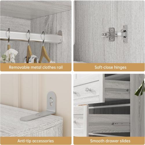 Armoire Wardrobe Closet with Drawers Gray Oak and Mirror, Clothing Storage Cabinet with Hanging Rod, 2 Doors Wooden Wardrobe Cabinet for Bedroom, Large Capacity Storage