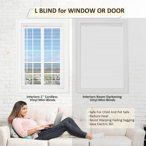 AIRLAJYID Cordless Vinyl Mini L Blinds 52 W x 48 H, 1 Slat White Horizontal Windows L Blind for Door, Shades, Camper, Light Filtering, Interiors, Arrive 1/2 Inch Narrower Indoor
