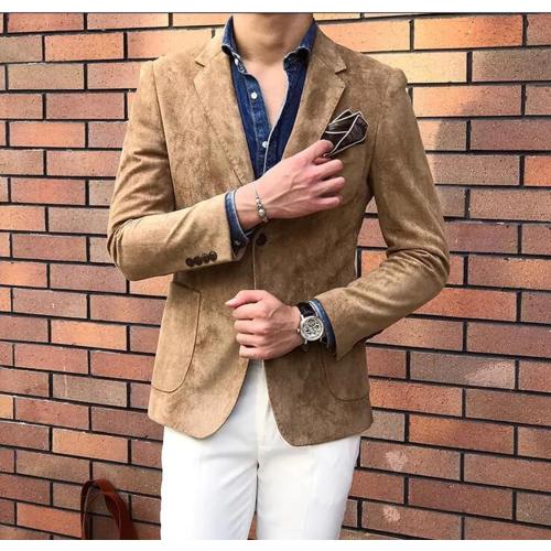 Mens Blazer Suede Jacket Casual 2 Buttons Sport Coat Faux Leather Suit Slim Fit Size XL