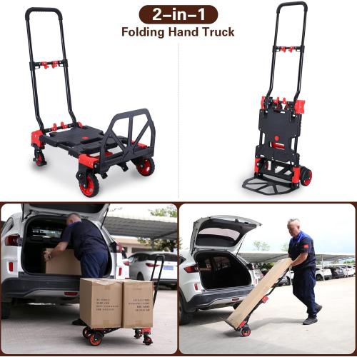 Size 25x18x4.7 Color Red 2-in-1Hand Truck Dolly Foldable with Folding Basket,330LBS Capacity Handtruck,Hand Truck Foldable Dolly with 4 Wheels,Dolly Cart with Retractable Handle,Folding Hand Cart for Moving