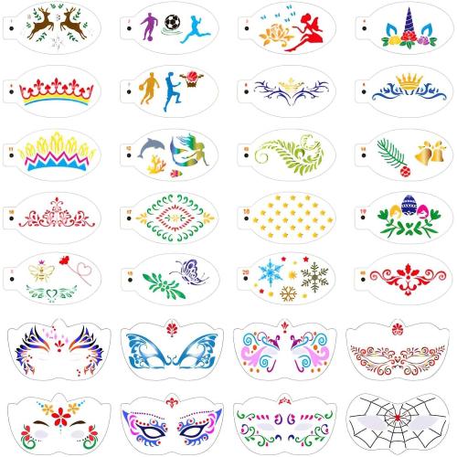 28 Pcs Face Paint Stencils Kits Face Painting Stencils Reusable Face Tattoo Painting Templates Body Makeup Painting Templates for Kids Face Painting Holiday Halloween Tattoo Stencils (Mix02)