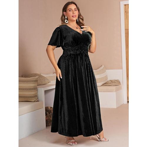 Siza 1XL Simplee Women’s V Neck Velvet Maxi Dress Short Sleeve Empire Waist Long Formal Dress for Wedding Guest