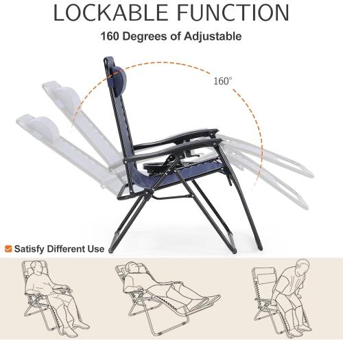 Sweetcrispy Zero Gravity Chairs, Set of 2 Portable Recliner Beach Camping Patio Outdoor Folding Lounge Chair with Cup Holder Trays and Adjustable Pillow for Poolside, Garden, Backyard, Lawn (Blue)