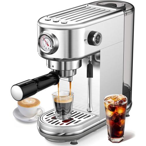 Espresso Machine with Milk Frother, 20 Bar Pressure Espresso Maker, with 44OZ Removable Tank, Compact Stainless Steel Coffee Machine for Home, Office, Latte, Cappuccino, Macchiato, Silver