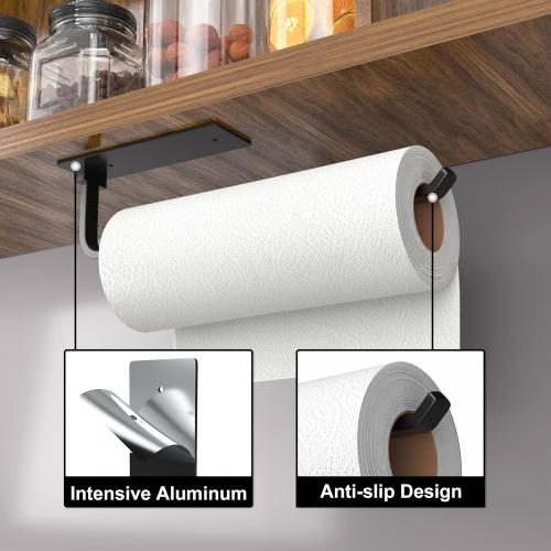Paper Towel Holder - Self-Adhesive or Drilling, Matte Black | Under-Cabinet or Wall-Mounted | Kitchen Roll Dispenser | Upgraded Aluminum | Lighter Yet Stronger Than Stainless Steel