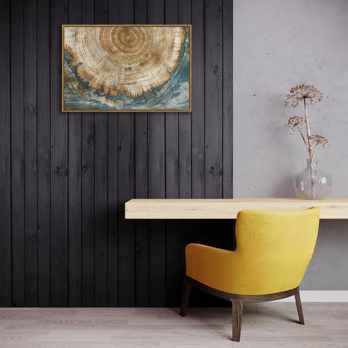 BingruiArt Faux Wood Tree Ring 08 Canvas Wall Art 16x24 Framed | Boho Abstract Nature Wall Decor, Green Abstract Wood Grain and Tree Stump Print, Living Room Bedroom Bathroom or Office