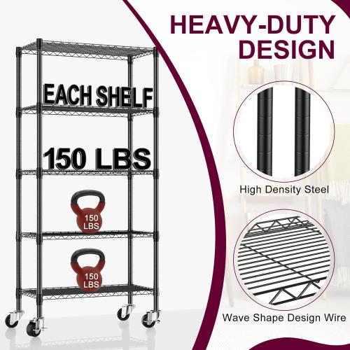 5 Tier Metal Wire Shelving with Wheels Casters, 750 lbs Heavy Duty Shelving Unit Wire Rack, Rolling Adjustable Storage Shelves for Kitchen, Garage, Pantry 14 D x 30 W x 60 H