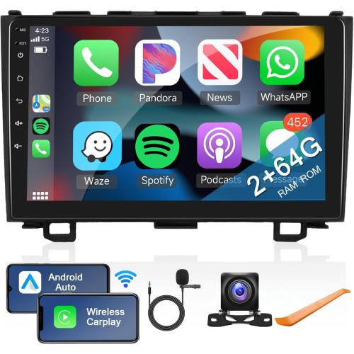 BLACK 9INCH 2 64G for Honda CRV 2007-2011 Android Car Stereo with Wireless Carplay/Android Auto, 9 Inch Touchscreen Bluetooth Car Radio Support WiFi GPS Navigation USB FM/RDS SWC HiFi Audio Backup Camera