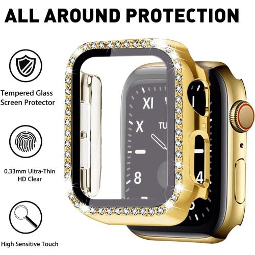 Mosonio Compatible  Apple Watch Band 46mm with Screen Protector Case Women, Jewelry Metal Chain with 2P Bling Case Cover for iWatch Series 11 10(Gold Link with Black Leather)