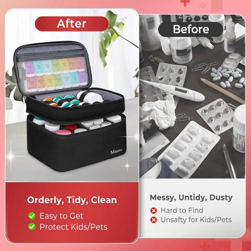 Mancro Dual Layers Medicine Organizer Bag, Pill Bottle Organizer Storage with Lockable Zipper, Medication Travel Bag for Pills, Vitamins, Medical Supplies for Home Storage, Black