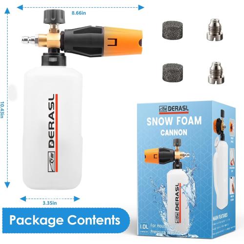 Foam Cannon, 1/4 Quick Connector Foam Cannon for Pressure Washer, Pressure Washer Foam Cannon with Adjustable Nozzle & 1L Foam Cannon Bottle, Soap Cannon for Pressure Washer with Handle
