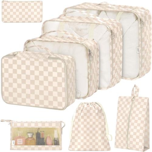 8 Set Packing Cubes for Suitcases,Packing Cube with Shoe, Cosmetics, Clothing, and Accessories Bags Packing Cubes for Travel Luggage Organizer Women Men(Khaki Grid-A)