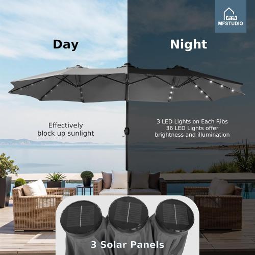 MFSTUDIO 15ft Double Sided Patio Umbrella with Solar Lights, Outdoor Large Umbrellas with Crank Handle and 36 LED Lights, Rectangular Market Umbrella with Base Included for Deck Pool Shade, Smoky Gray