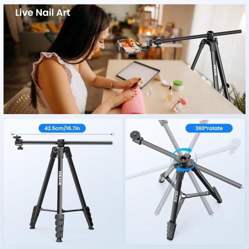 70 Phone Tripod & Selfie Stick, Horizontal Overhead Tripod, Extendable Camera Cell Phone Tripod Stand with Wireless Remote and phone Holder for Filming Video Recording Live Stream