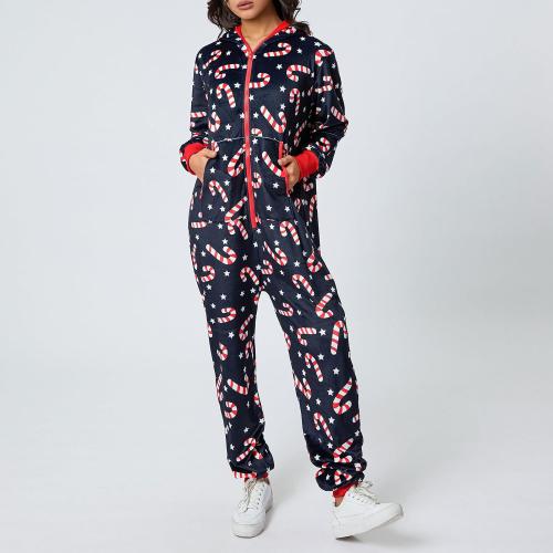 KMBANGI Women XL Christmas One Piece Pjs Hooded Fleece Jumpsuit with Pocket Zipper Romper Printed Pajamas Holiday Sleepwear