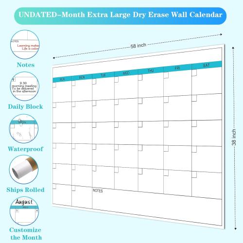 Dry Erase Calendar for Wall - 38 x 58 Extra Large White Board Calendar, One Month Undated Blank Daily Planner, Reusable Laminated 30-Day Task Organizer for Office, Classroom, Home(No Creases)