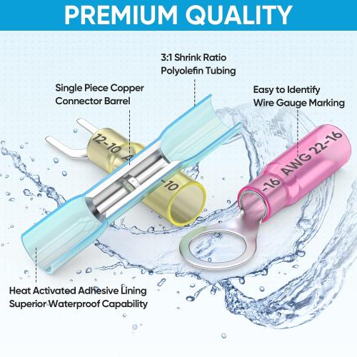 TICONN Set of  120Pcs Heat Shrink Wire Connectors, Waterproof Automotive Marine Electrical Terminals Kit, Crimp Connector Assortment, Ring Fork Spade Butt Splices